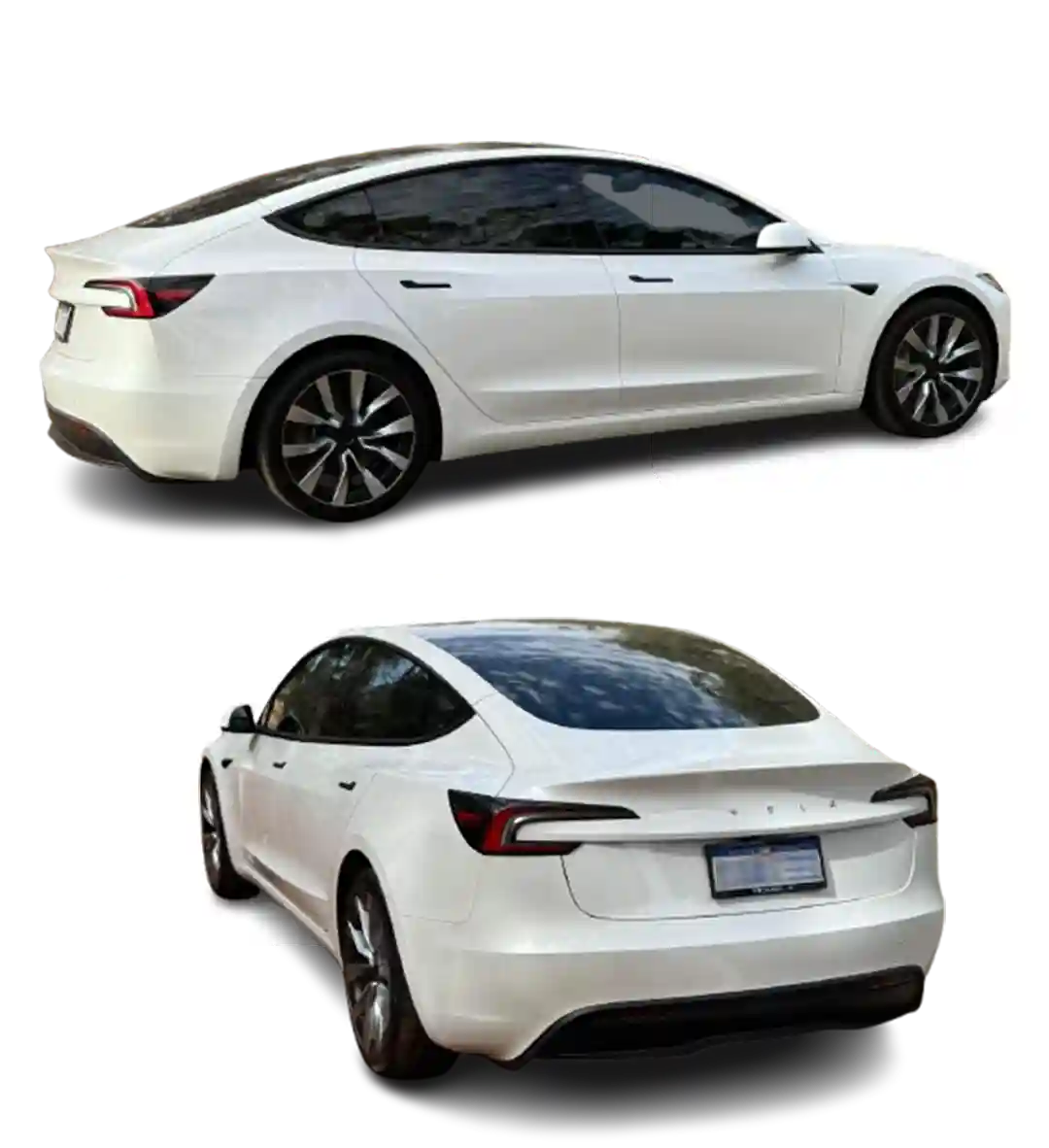 "Dual-angle view of tinted Tesla Model 3 – showcasing sleek ceramic tint for heat control, UV protection, and stylish privacy.